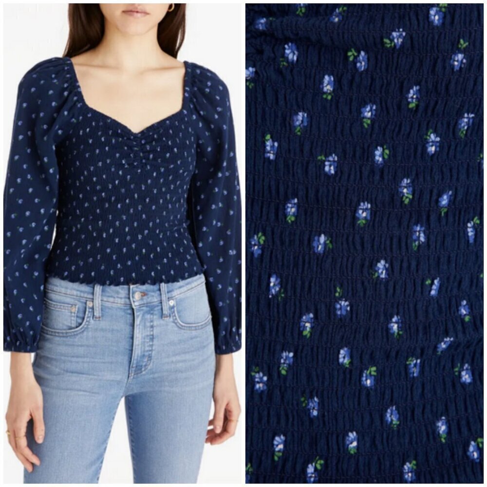 💕MADEWELL💕 Lucille Balloon Sleeve Smocked Top ~ Classic Indigo XL NWT